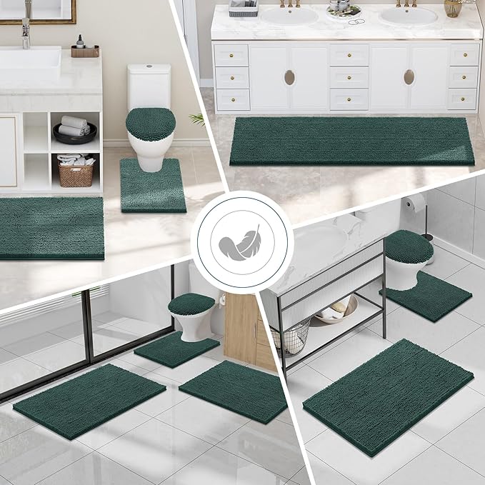 Smiry Luxury Chenille Bathroom Rugs 47x17, Extra Soft and Absorbent Shaggy Bath Mat, Machine Washable, Non-Slip Plush Carpet Runner for Tub, Shower, and Floor, Home Decor Accessories, Green