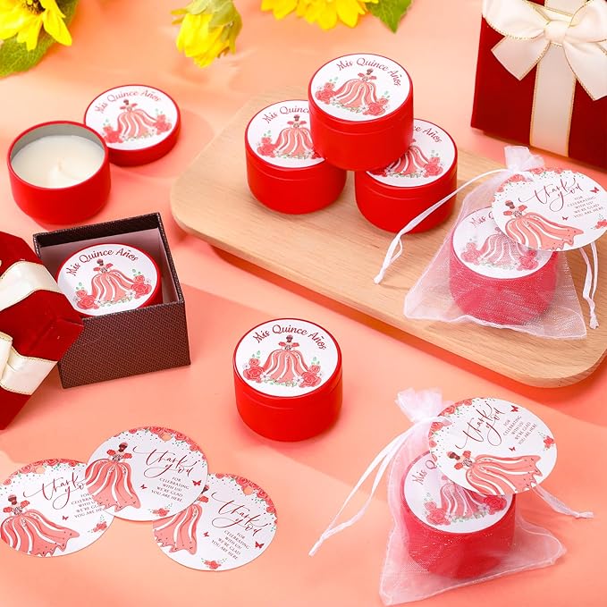 12 Sets Quinceanera Party Favor for Guests Include 12 Mis Quince Años Candles Set Soy Tealight Candles Thank You Card Organza Bag 15th Sweet Birthday Parties Quinceanera Party Souvenir (Red)