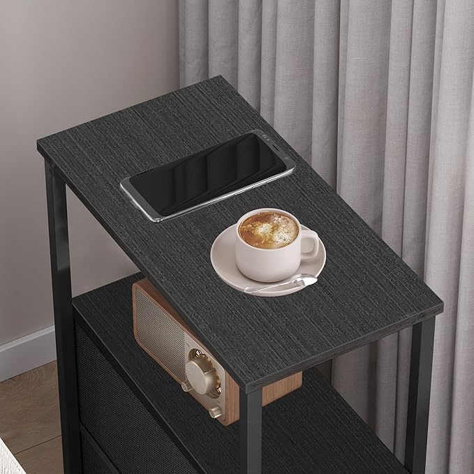 TUTOTAK Set of 2 Small Narrow End Table, Side Table, Nightstand with Cloth Drawer, Couch Table, for Living Room, Bedroom, Bedside, Black TB01BK057