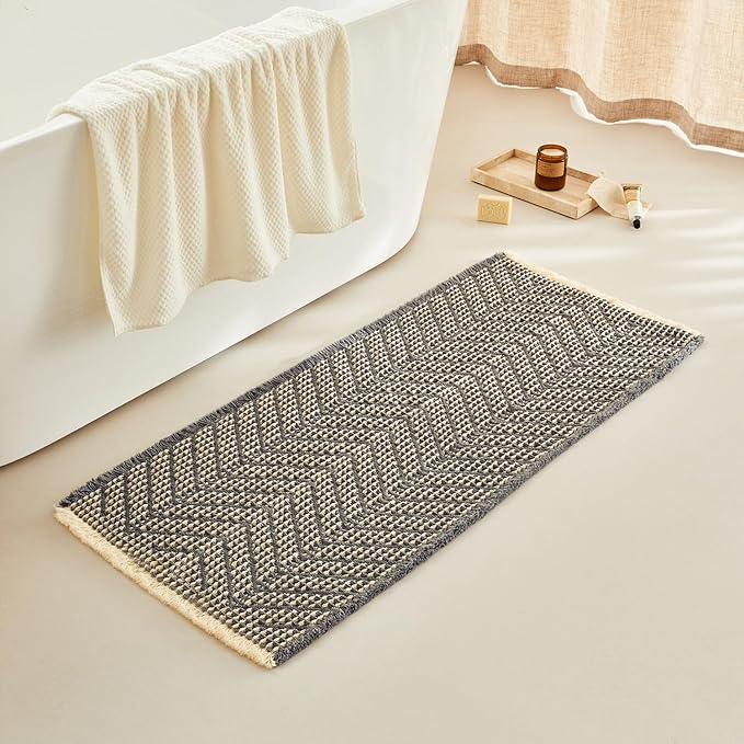 Bath Rugs Boho Bath Mat,Upgraded Waffle Bath mat,Super Absorbent Non Slip Bath Rugs,Machine Washable Rugs for Shower Room, Rubber Backing Bath Mats, Ultra Soft,Bluish Grey & Yellow,19"*48"