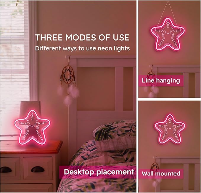 Starfish Neon Sign, Pink Neon Sign, Kawaii Star Ocean Decor Design, USB Cable with Dimmer, Beach Themed Night Light Gift for Craft Room Kid Wall Decor (11,8 * 11,5in)