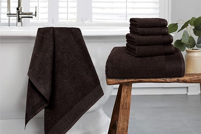 Belizzi Home 100% Cotton Ultra Soft 6 Pack Towel Set, Contains 2 Bath Towels 28x55 inchs, 2 Hand Towels 16x24 inchs & 2 Washcloths 12x12 inchs, Compact Lightweight & Highly Absorbant - Brown