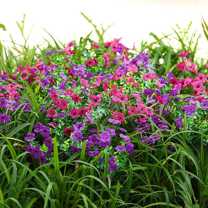 24 Bundles Artificial Flowers for Outdoors Decoration, UV Resistant Silk Violet Faux Colorful Daisy Eucalyptus Fake Plants for Outside Indoor Yard Home Patio Porch Decor, (Purple & Rosered)