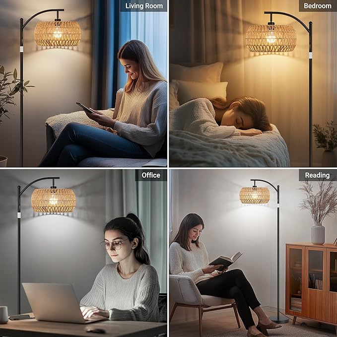 ROTTOGOON Boho Floor Lamp with Dimmable Bulb, Rattan Shade, Boho Standing Tall Lamps with Foot Switch, Black Bohemian Floor Lamps for Living Room, Bedroom, Office