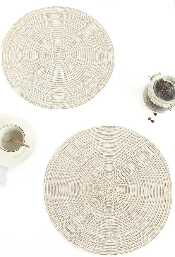 Floroom 15 Inch Round Braided Placemats Set of 4, Washable Heat Resistant Cotton Polyester Circle Place Mats for Kitchen Dining Table - Ivory