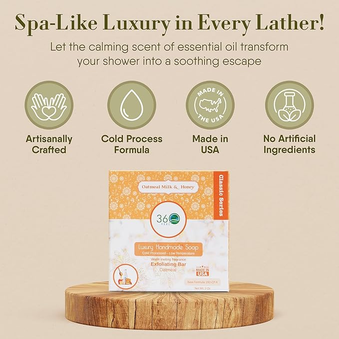 360Feel Oatmeal Milk and Honey Soap - Handcrafted Castile Soap Bar with Soothing Scent - Handmade with Essential Oil - Suitable Gift for Anniversaries, Weddings, and Holiday Stockings - Rich Lather
