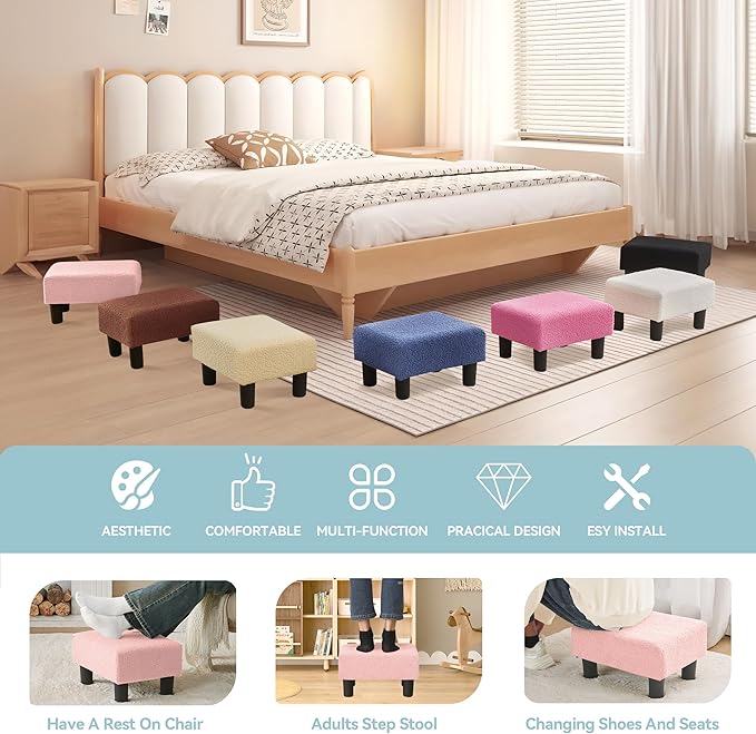 BRIAN & DANY Small Foot Stool Ottoman, Footstool with Legs, Teddy Velvet Foot Rest for Living Room, Bedroom and Office, Pink