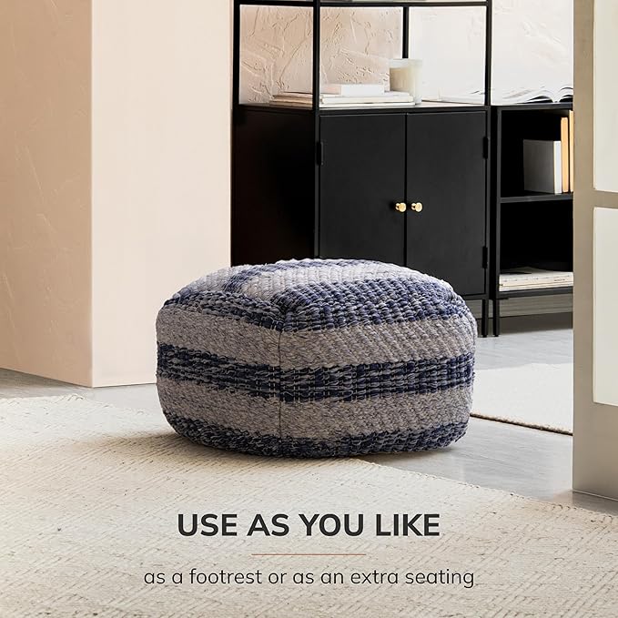 Anji Mountain 100% Handmade & Handcrafted Comfortable Home Décor Pouf Ottoman Footrest for Living Room, Bedroom, Nursery, Kidsroom, Patio Furniture - (22" x 22" x 16"- Navy,Ivory)