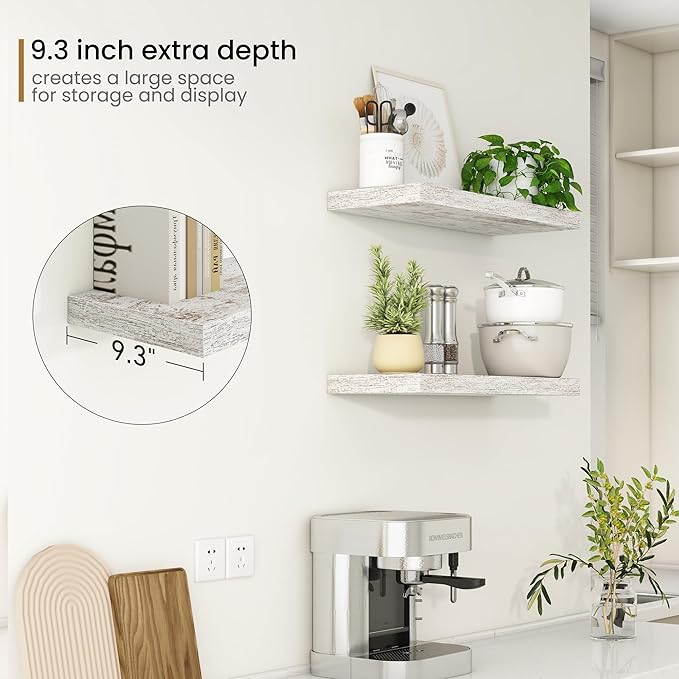 Fun Memories Deep Floating Shelves - 24" W x 9" D x 1.6" H Rustic Black Wall Shelf - Wall Mounted Shelves for Storage - Wooden Shelves with Invisible Brackets for Living Room, Farmhouse - Set of 2