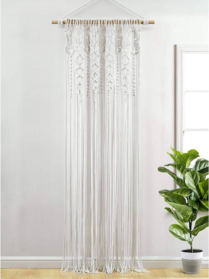 Lush Decor Boho Macrame Textured Cotton Window Curtain Panel, 40" W x 84" L, White - Room Divider or Wedding Decor - Boho, Macrame
