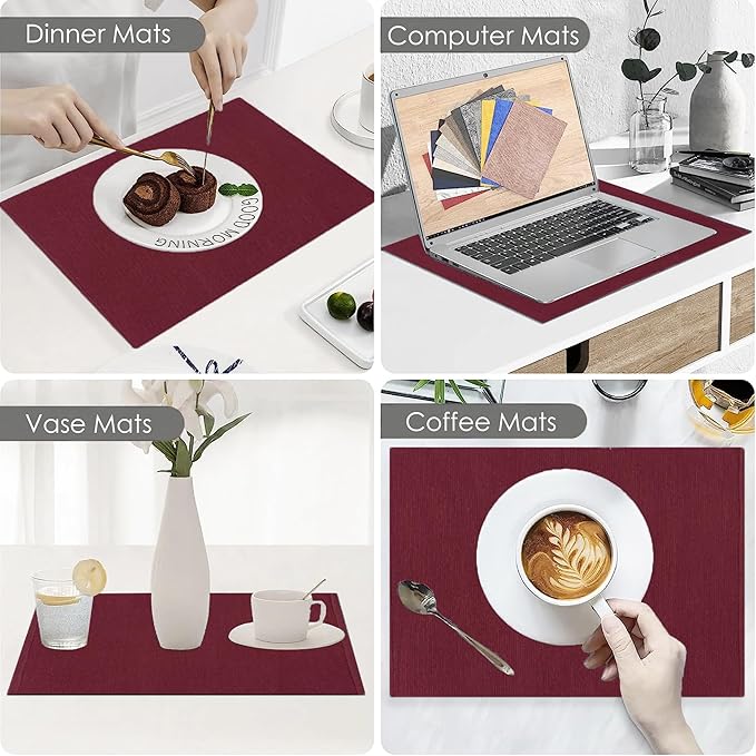 RAJRANG Tibetan Red Placemats Set of 6, Cotton Ribbed Tabletop, Non-Slip Wrinkle Free Kitchen Table Mats for Dining Table, 13x19 Inch