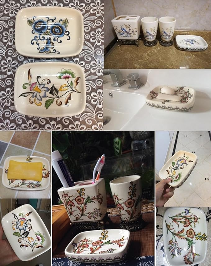 Ceramic Soap Dish, Ice Crack Ceramic Bird and Flower Pattern Soap Dish Holder for Bathroom, Creative Porcelain Shower Soap Tray Box Bath Accessories with Two Drain Holes