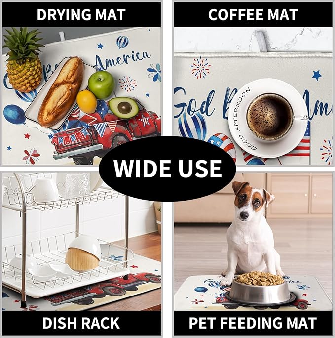 4th of July Drying Mat for Kitchen Counter 16 x 18 US Independence Day Patriotic Truck Dish Drying Mat Polyester American Flag Dish Drainer Mat Super Absorbent Dish Rack Pad for Coffee Bar Sinks