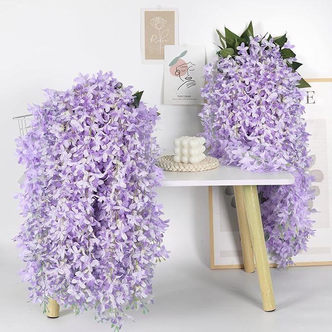 RECUTMS Artificial Lilac Flowers Garland 33.5in Faux Hanging Wisteria Vines 6Pcs Fake Silk Lilac Floral Decoration for Home Garden Wedding Arch Birthday Party Indoor Outdoor (Purple)
