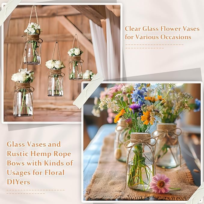 Glass Flower Vases for Centerpieces, 12Pcs Vintage Small Clear Bud Vase for Flowers Mini Crystal Decorative Bottle with Hemp Rope Bows for Housewarming Wedding Birthday Tabletop Decoration