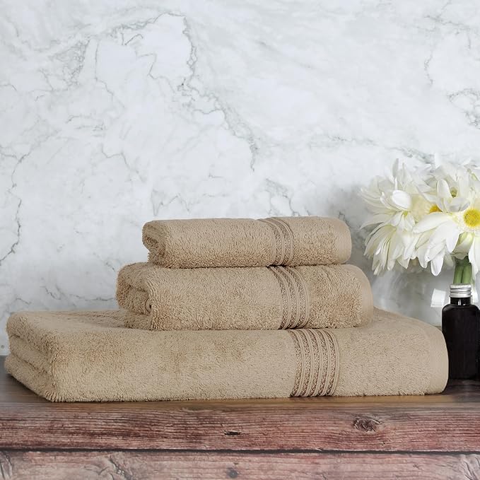 Superior Egyptian Cotton 3-Piece Towel Set, Basic Towels For Bathroom, Home Decor, Guest Bath, Shower, Apartment, Included 1 Face, 1 Hand, 1 Bath Towel, Washcloth, Quick Dry, Taupe