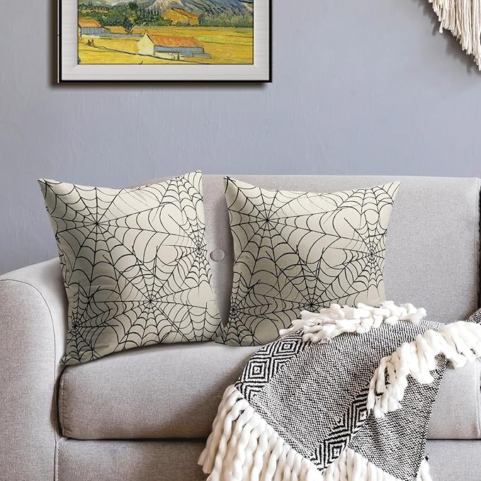 Halloween Spiderweb Pillow Covers 24x24 Set of 2 Cream Black Web Outdoor Decorative Throw Pillows Halloween Scary Themed Farmhouse Pillowcases Linen Cushion Case Decor for Home Sofa Couch Bed
