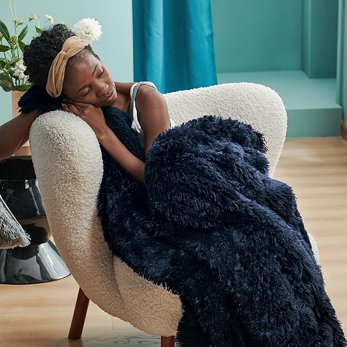 Bedsure Fluffy Navy Blue Throw Blanket Gifts for Women, Men, Soft Fleece Cozy Fuzzy Sherpa Plush Warm Minky Thick Faux Fur Throws for Couch, Navy Blue Decor House Blanket Gifts for Her, 50x60