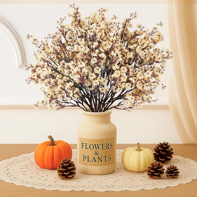 Uieke 15 Pcs Artificial Flowers Baby Breath Faux Champagne Artificial Gypsophila Bouquet Fake Silk Flowers Real Touch for Home Office Kitchen Wedding Wall DIY Room Farmhouse Décor
