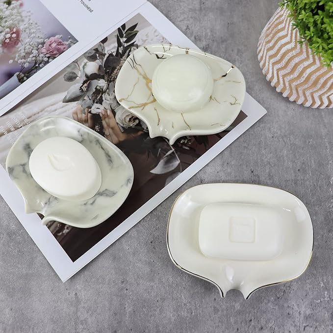 White Soap Dish Ceramic Self Draining Soap Dish Waterfall Slot Gold Edge Bathroom Accessories for Bathroom, Kitchen,Bar Counter