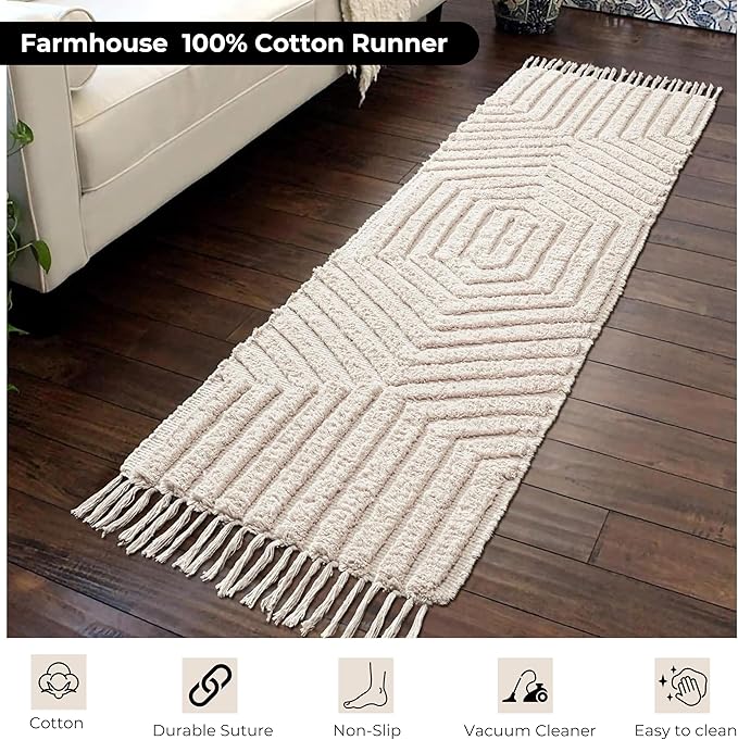 Boho Runner Rug 2x6' Washable Kitchen Rugs with Tassels Indoor Farmhouse Rugs for Bedroom Aesthetic Tufted Rug for Laundry Room Doorway Living Room_Pestal Linen
