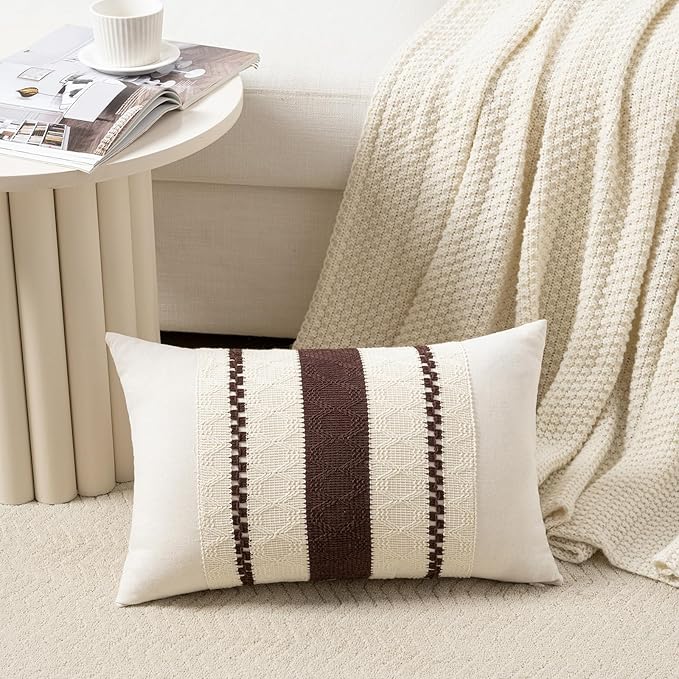 Fancy Homi Set of 2 Boho Brown Long Lumbar Decorative Throw Pillow Cover 12x24 Inch for Couch Bed Sofa Chair, Modern Organic Farmhouse Home Decor, Soft Cotton Cute Accent Rectangle Cushion Case