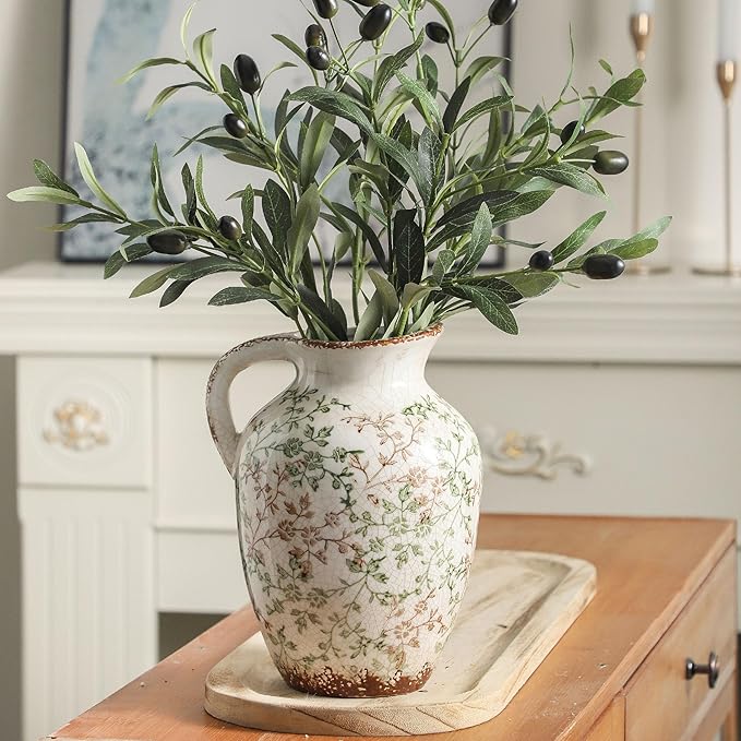 Enra Vintage vase,Ceramic Chinoiserie Floral Vase,Green and Beige Decorative Flower vase,Large Rustic Vases for Home Decors, Living Room, Bookshelf, Office,9.7 inch