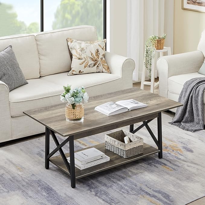 GreenForest Coffee Table with Storage, 43 inch Large Modern Coffee Tables for Living Room, X-Frame Design Farmhouse Coffee Table Space Saving Living Room Tables, Easy Assembly, Grey Wash