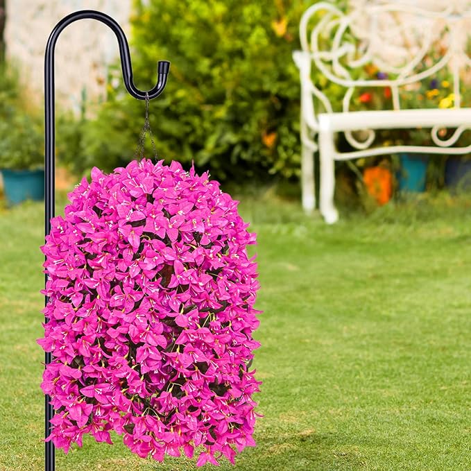 8Pcs UV Resistant Artificial Flowers for Outdoors, Realistic Faux Silk Bougainvillea Flowers, Fake Hanging Plants for Porch Patio Balcony Decoration (Purple)