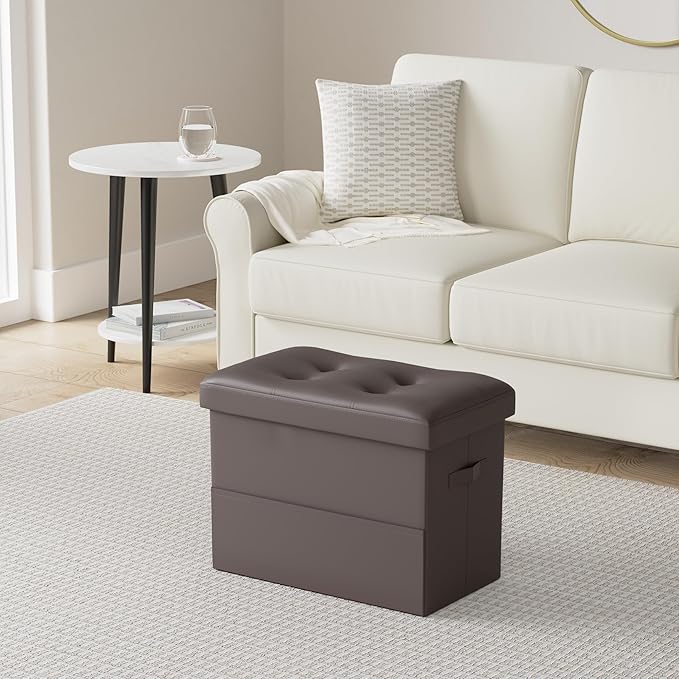 Storage Ottoman Foot Rest Stool, Foldable Leather Footstool Storage Bench with Thicker Foam Padded Seat. Foot Rest Under Desk for Living Room Bedroom 350 lbs, 17x13x13 in, Brown