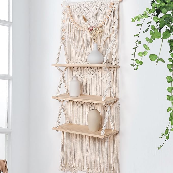 Macrame Wall Hanging Shelf for Wall Decor 3 Tiers Handmade Boho Wall Floating Shelf Hanging Plant Hanger Organizer with Wood Beads for Aesthetic Bedroom Living Room Decor