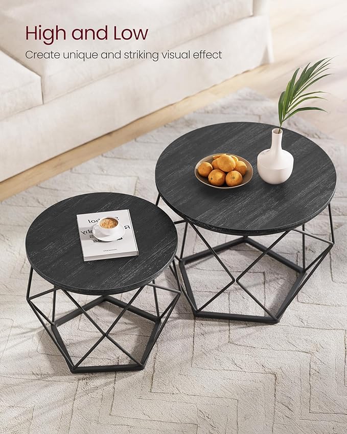 VASAGLE Small Coffee Table Set of 2, Round Coffee Table with Steel Frame, Side End Table for Living Room, Bedroom, Office, Charcoal Gray and Ink Black