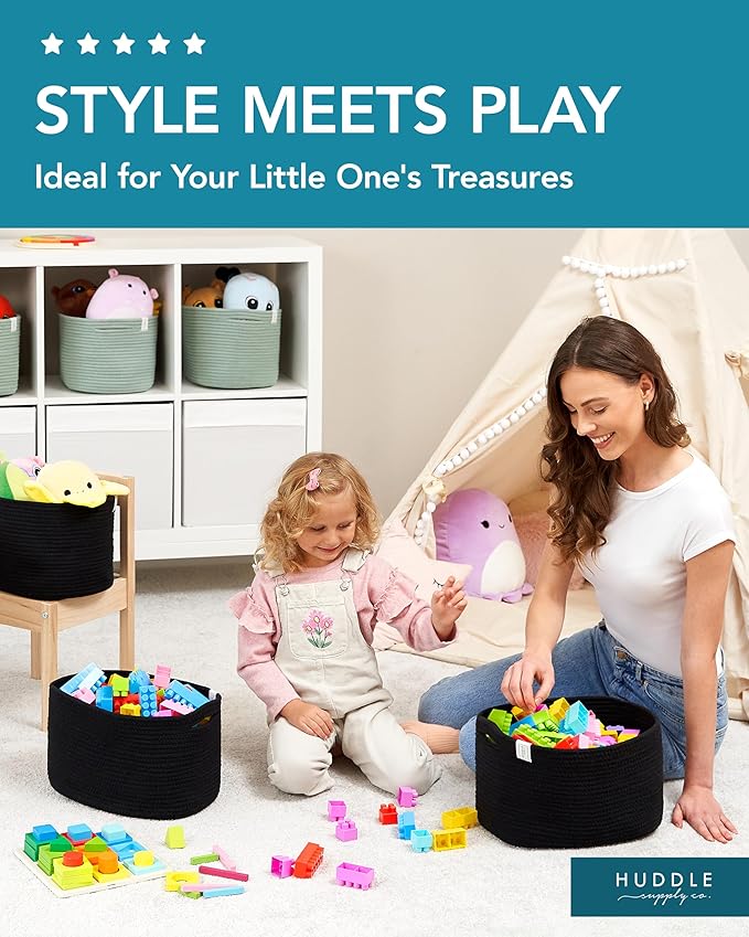 WASHABLE Woven Baskets for Storage Baskets for Shelves Large Cotton Rope Baskets for Organizing Decorative Storage Bins Bathroom, Shelves, Toys,Storage Cube Bins, Small Baskets for Organizing (Black)