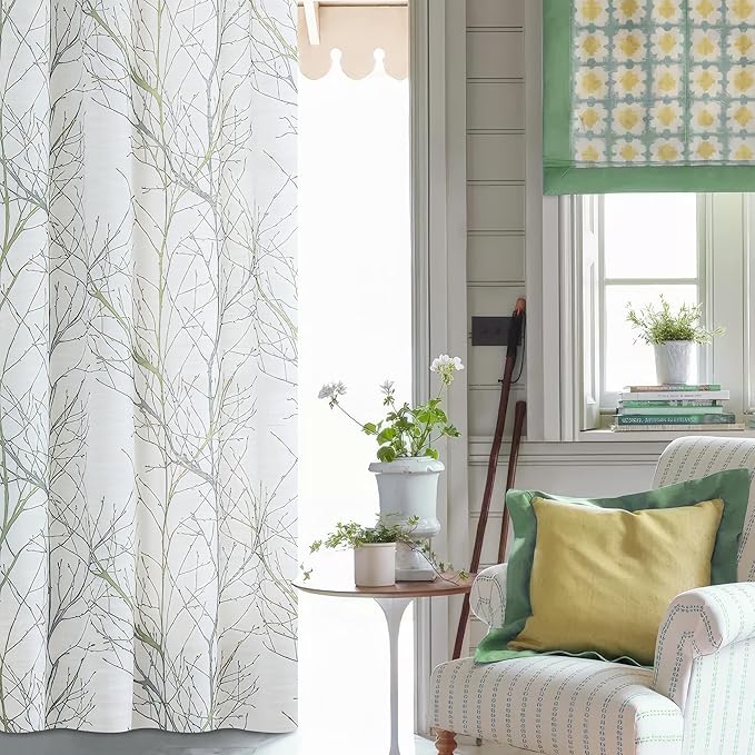 FMFUNCTEX Extra Wide Patio Door Curtain 100 inches Width by 96 Inch Length for Living Room Tree Print Not See Through Linen Semi Sheer Curtain Green Gray Branch Sliding Glass Door Curtains 1 Panel