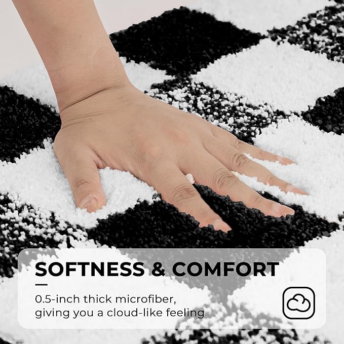 GRANNY SAYS Checkered Black Bathroom Rugs, 36" x 24", Non-Slip Bath Mats for Bathroom, Plush Shag Absorbent Microfiber Ultra Soft Bath Mat, Cute Washable Rug for Tub, Shower, Bedroom