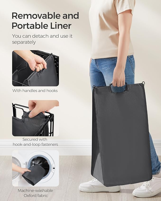SONGMICS Laundry Hamper, 110L Laundry Basket with Lid, Clothes Hamper with Wheels, Collapsible Removable Liner Bag, Iron-Made Laundry Sorter, Ink Black and Slate Gray ULCB211B11