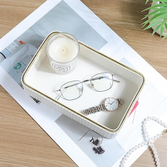 Desk Organizer Tray, PU Leather Valet Tray Nightstand Organizer Cologne Perfume Tray for Men Women, Decorative Vanity Tray Key Bowl Trinket Dish Bathroom Bedroom Accessories (Ivory)