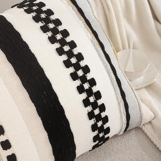 Tosleo Boho Throw Pillow Covers 18x18 Set of 2 Striped Decorative Pillow Cases Accent Chenille Pillowcases Farmhouse Cushion Case Bohemian Nuetral Textured Pillow Cover,Black and Beige