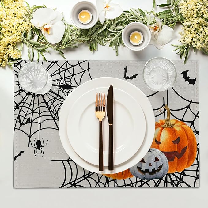 Giwawa Halloween Placemats, Colorful Spooky Pumpkins Spider Web Bats Linen Place Table Mats Washable Stain Resistant for Kitchen Dining Party Holiday Tabletop Decor, Set of 4, 12x18 Inches