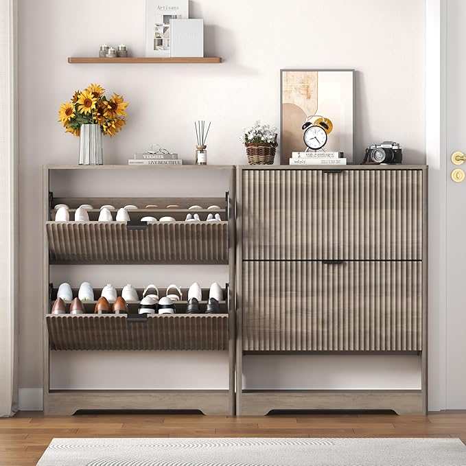Shoe Cabinet Storage for Entryway with 2 Flip Drawers, Grey Fluted Shoe Cabinet with Open Storage, Wooden Hidden Shoe Rack Freestanding Narrow Slim Shoes Organizer for Hallway, Entrance