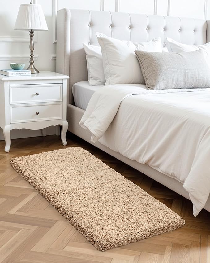 ILANGO Beige Bathroom Rugs 60" × 24" Non Slip & Super Absorbent Extra Thick Soft, Washable Bath Carpet Runner for Floor, Microfiber Plush Shaggy Bath Mats with Rubber for Bedroom Bathtub Shower Room