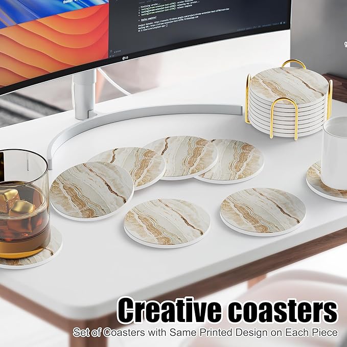 Coasters for Drinks Set of 8, Absorbent Marble with Metal Golden Holder, Ceramic Coaster Set Cup Mat for Home Decor, Bar, Kitchen, Party