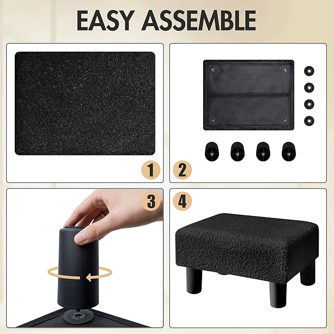 BRIAN & DANY Small Foot Stool Ottoman, Footstool with Legs, Teddy Velvet Foot Rest for Living Room, Bedroom and Office, Black