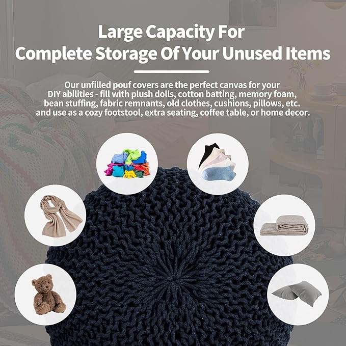 HOMBYS Unstuffed Ottoman Pouf Cover, 100% Cotton Handmade Knitted Ottoman Pouf Cover Round Foot Stool, Floor Bean Bag Chair, Foot Rest Storage for Living Room Bedroom, Navy Blue(Cover ONLY NO Filler)