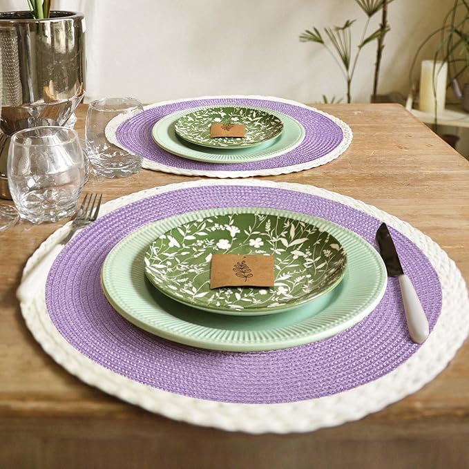 Noctiflorous Round Braided Placemats Set of 4 Table Mats 15 Inches Washable Heat Resistant for Dining Table Non-Slip Indoor Outdoor Place Mats for Easter(02 White Edge Purple 4)