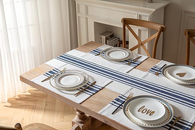 Placemats Set of 4 for Dining Table, Woven Cloth Place Mats for Kitchen Tabletop Décor, Handcrafted Machine Washable Cotton Table mats 13 x 19 Inch, Navy Blue and Beige