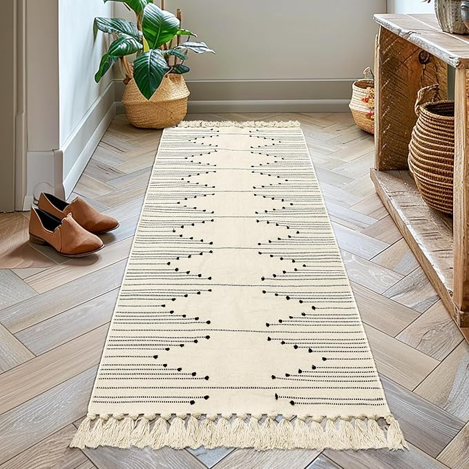 Tritard Boho Runner Rug 2x6 - Washable Area Rug for Hallway, Lightweight Farmhouse Aztec Cotton Rugs with Tassels Kitchen Bathroom Woven Low Pile Thin Carpet for Entryway, Bedroom, Beige Cream