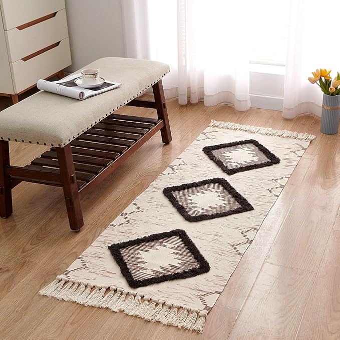 Boho Runner Rug 2'x5', Washable Hallway Rug Runner Non Slip Rubber Backed, Kitchen Farmhouse Area Rug Floor Mat with Tassels, Tufted Woven Cotton Entryway Carpet, Brown