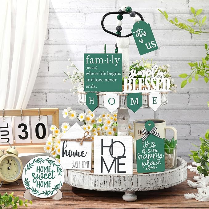 Set of 11 Spring Farmhouse Tiered Tray Decor Rustic Spring Home Tiered Decorations Set Home Wooden Signs Green Farmhouse Tabletop Wood Trays for Decorative Trays