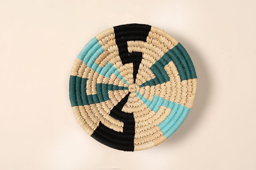 Set of 5 Round Boho Hanging Wall Basket Home Decor for Bedroom, Kitchen, Farmhouse Handmade Decorative Unique Indian Wall Decor Woven Wicker Baskets Christmas Gifting (Green Blue, Vivid)